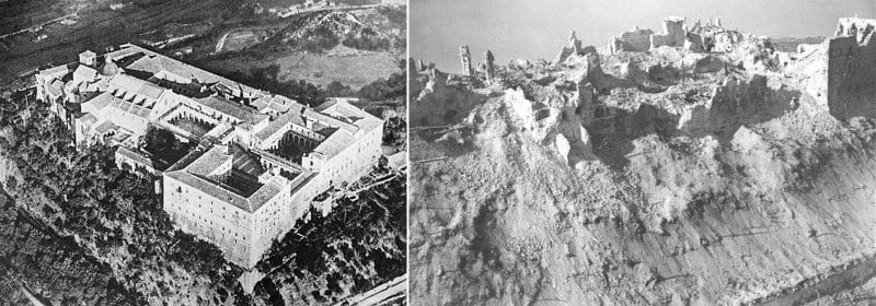 Figure 1: The Benedictine Abbey on Monte Cassino, before and after being bombed by Allied forces, February 15 1944