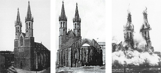 Figure 1: The Church of Ulrich, over 1000 years old, was bombed in 1945 by the americans, but survived. In 1956, it was destroyed by the communists to create the new city center based on communist architecture.